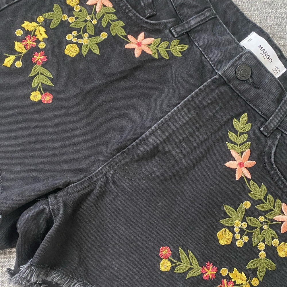 Mango, Black embroidered denim shorts.